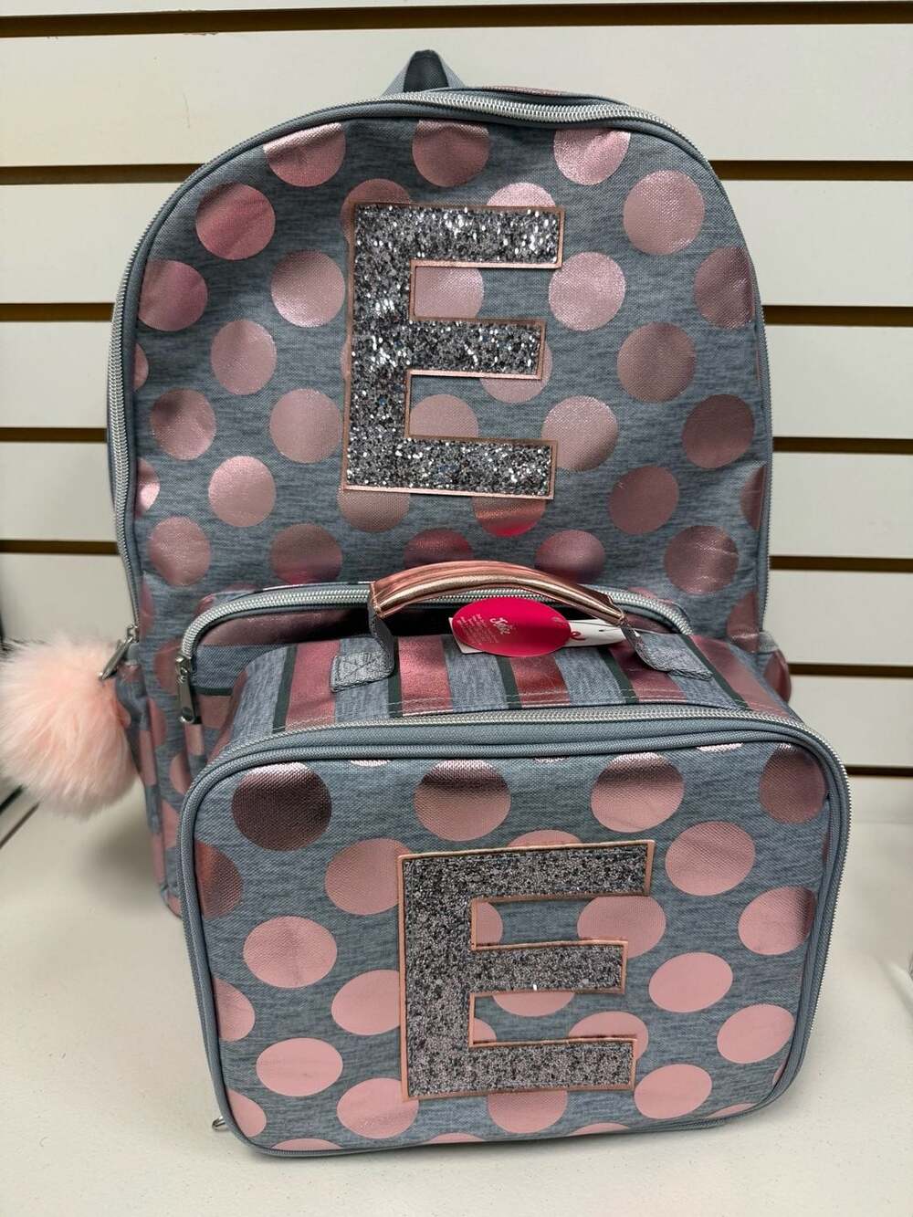 Justice Girls Rose Gold Foil Polka Dot Initial E Backpack &  Lunchbox NWT